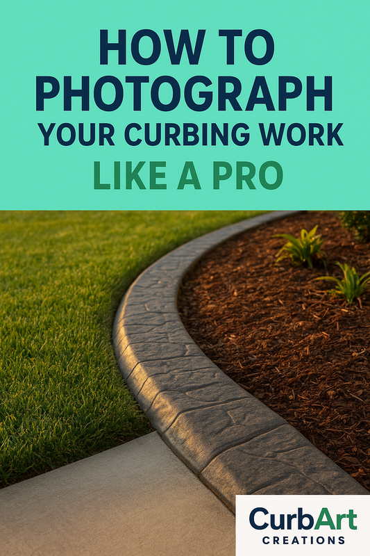 “Sunlit landscape curbing with detailed concrete texture surrounded by mulch and greenery, overlaid with the title ‘How to Photograph Your Curbing Work Like a Pro’ in CurbArt Creations brand colors.”