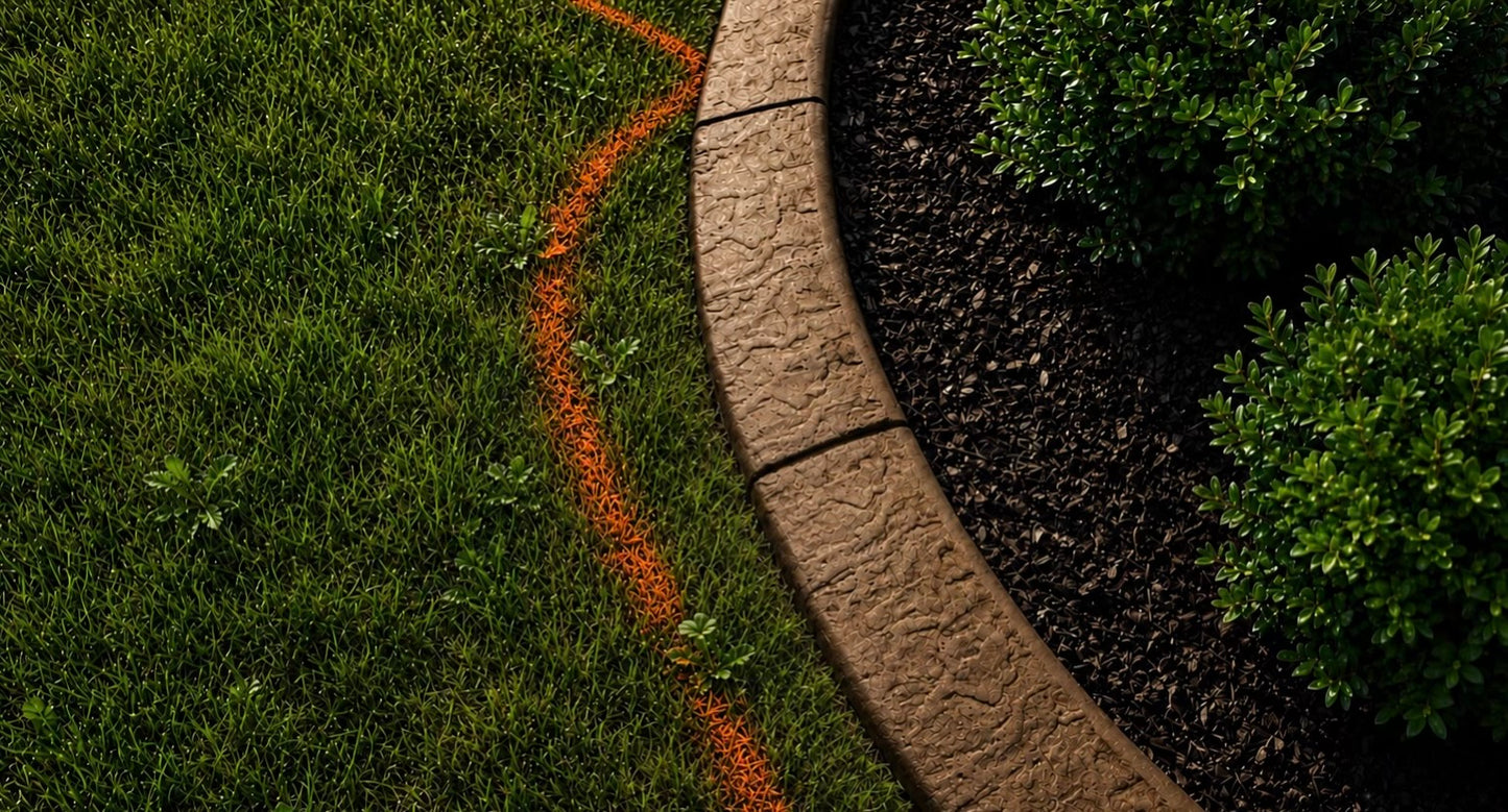 A curved concrete curb border separating a green grass lawn from a dark mulched garden bed with green shrubs. A thin orange spray-paint line traces the edge of the lawn.
