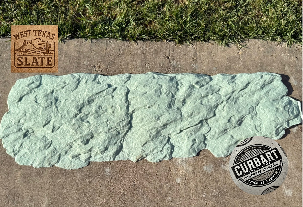 Green slate stone on a concrete surface with 'West Texas Slate' and 'Curbart' logos.
