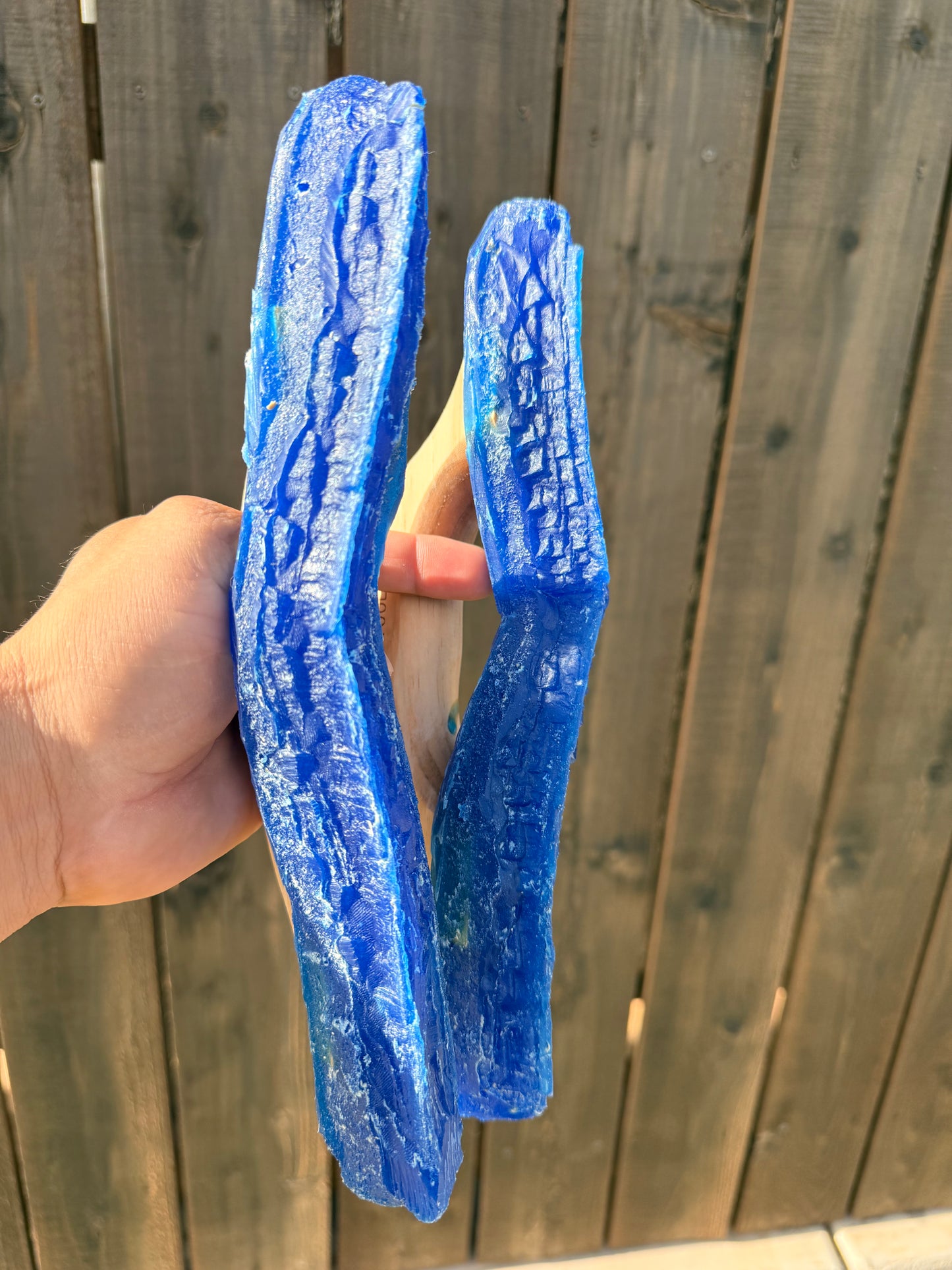 Blue plastic tool held by a hand against a wooden fence background