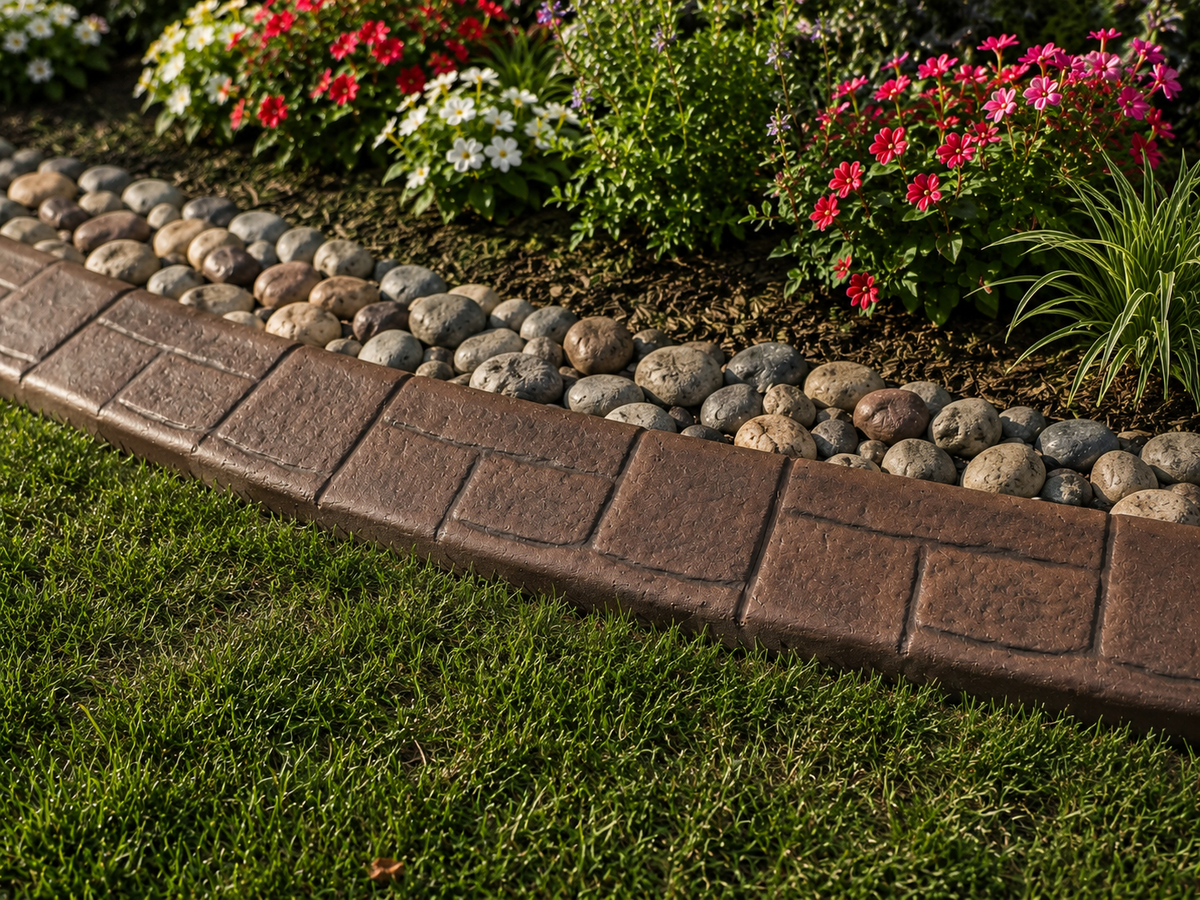A curved brown concrete  edging border with the textured ashlar slate on it. Separating a green lawn from a landscaped garden bed filled with mulch, decorative rocks, and colorful flowers.