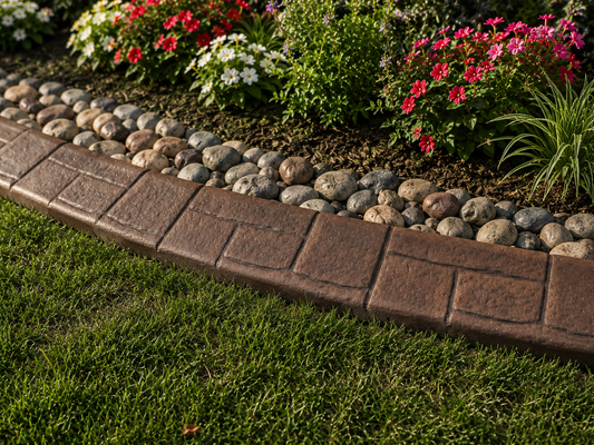 A curved brown concrete  edging border with the textured ashlar slate on it. Separating a green lawn from a landscaped garden bed filled with mulch, decorative rocks, and colorful flowers.