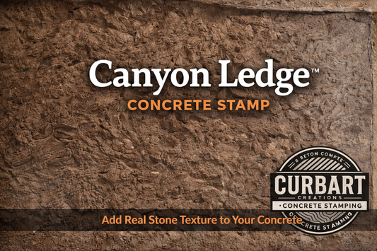 Advertisement for Canyon Ledge Concrete Stamp with Curbart Creations logo on a stone-textured background.