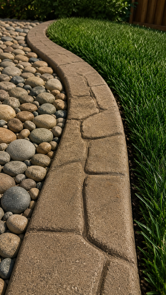 A curved stone border with a textured, Flagstone stone pattern separating a bed of smooth river rocks from a green grass lawn.
