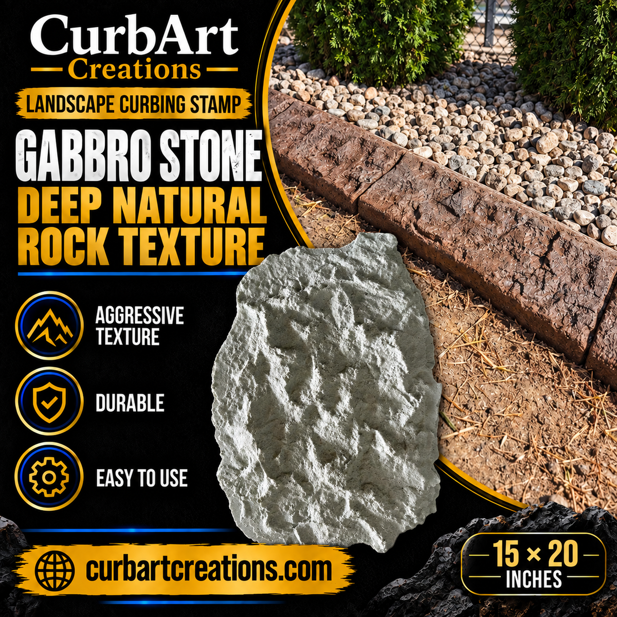 CurbArt Creations Gabbro Stone landscape curbing stamp, featuring a textured gray stone sample on a black promotional background with product features and dimensions.