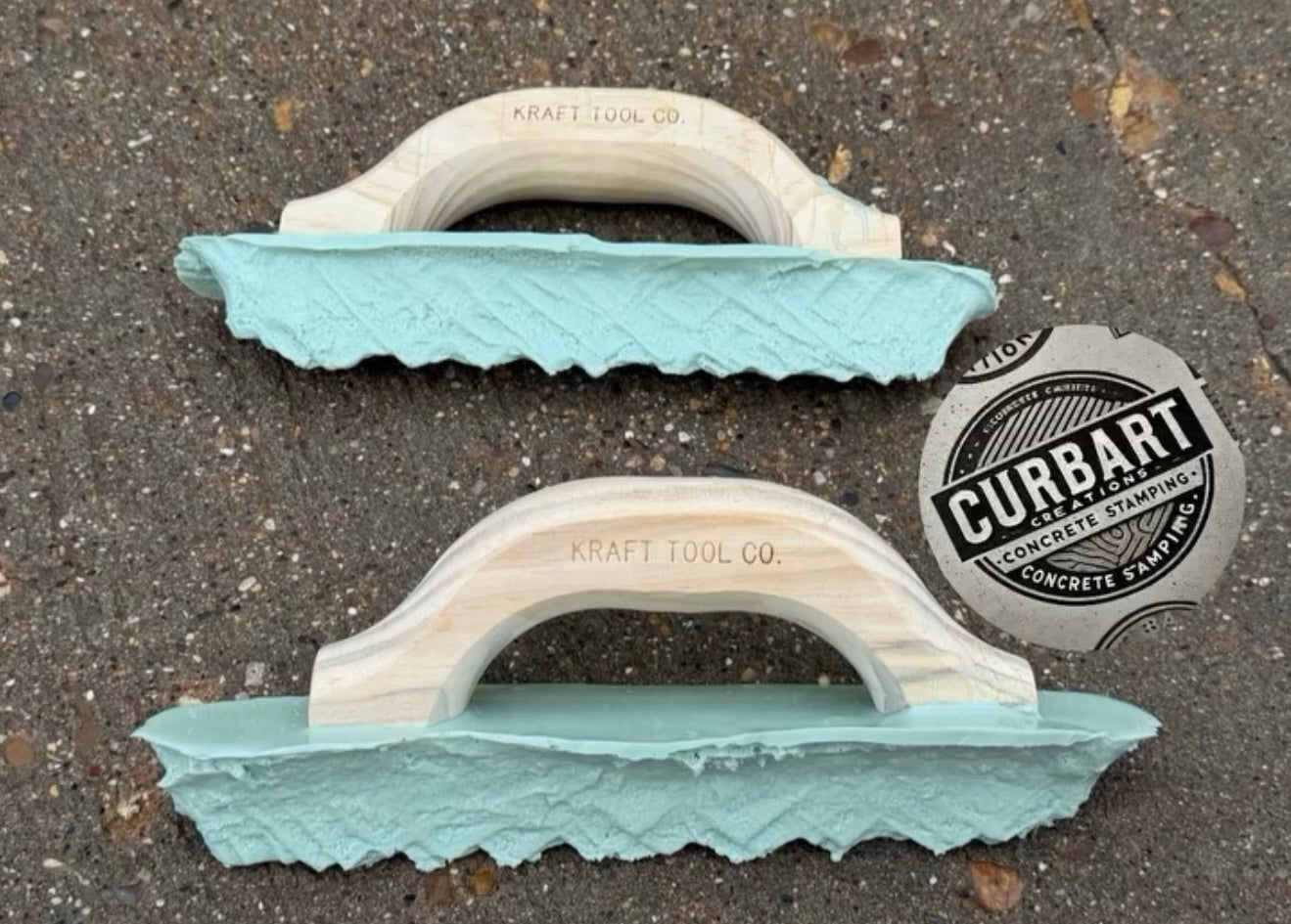 Two Joint tools concrete tools with 'Kraft Tool Co.' branding on a concrete surface, featuring the 'Curbart' logo.