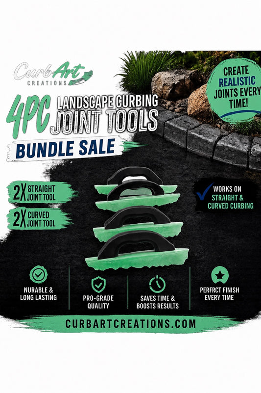 Promotional graphic for a 4-piece landscape curbing joint tools bundle by Carb Art Creations, showing four green and black joint tools on a dark asphalt background with marketing text and feature callouts.