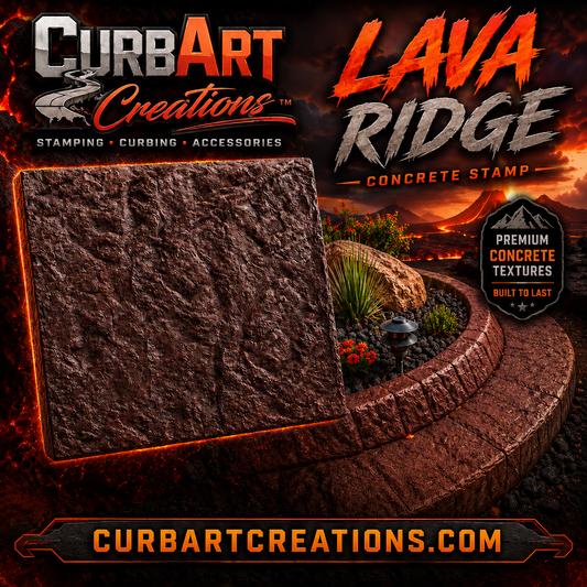 Advertisement for CurbArt Creations Lava Ridge concrete stamp with product display and branding.