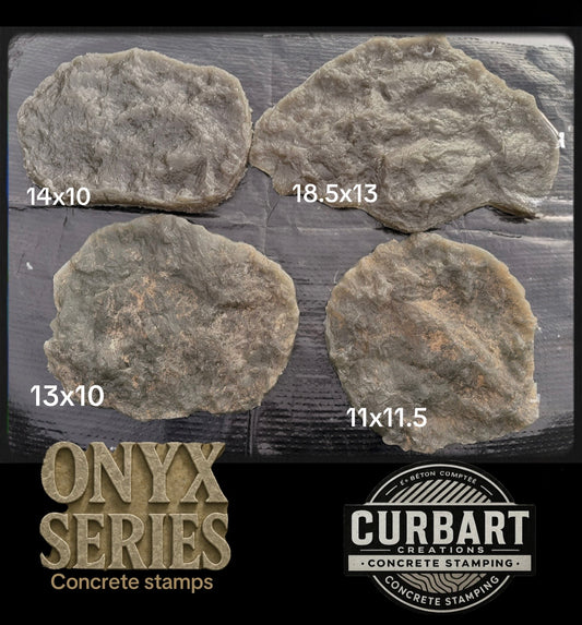 Four concrete stamps resembling rocks with dimensions labeled, branded as Curbart Creations.