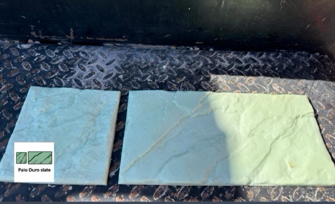 Two blue concrete stamps with a Slate pattern on a textured surface, labeled 'Palo Duro slate'.