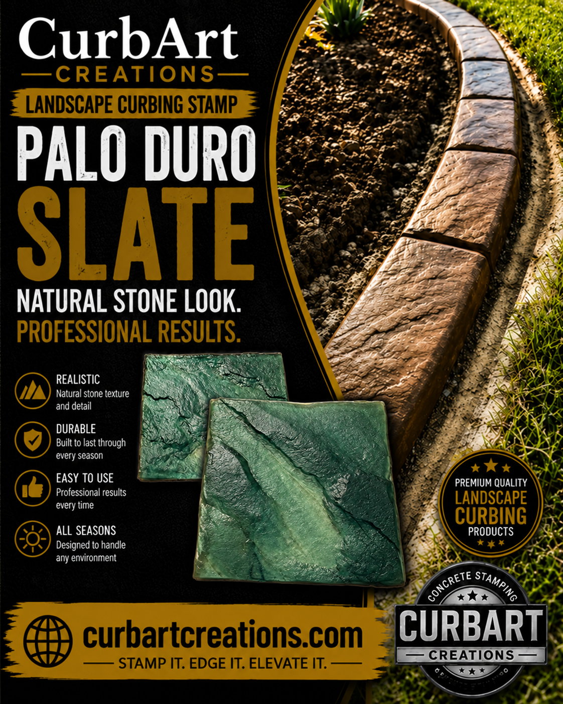 CurbArt Creations Palo Duro Slate landscape curbing stamp sample tiles shown on a promotional graphic with a curved stone curb in a garden bed, text describing the natural stone look, and brand seals.
