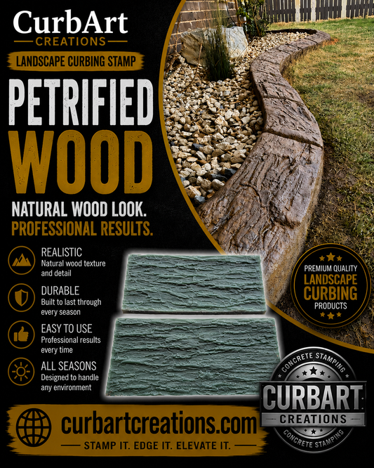 Advertisement for CurbArt Creations Petrified Wood landscape curbing stamp with product details and examples.
