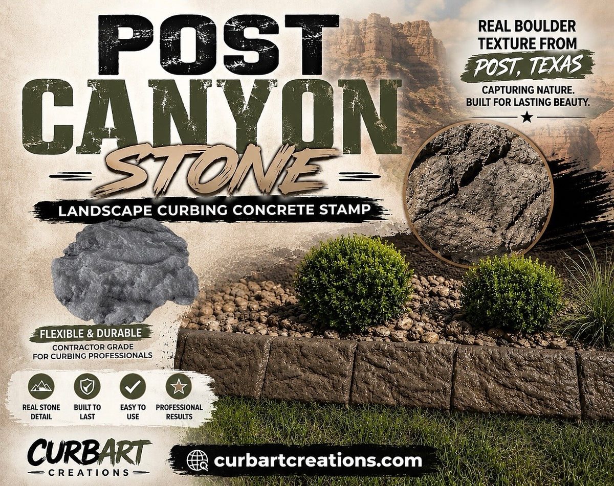 Promotional graphic for a Post Canyon Stone landscape curbing concrete stamp by Curbart Creations, showing the branded title, a textured stone sample, a circular stamp sample, and a landscaped stone wall scene with text callouts.