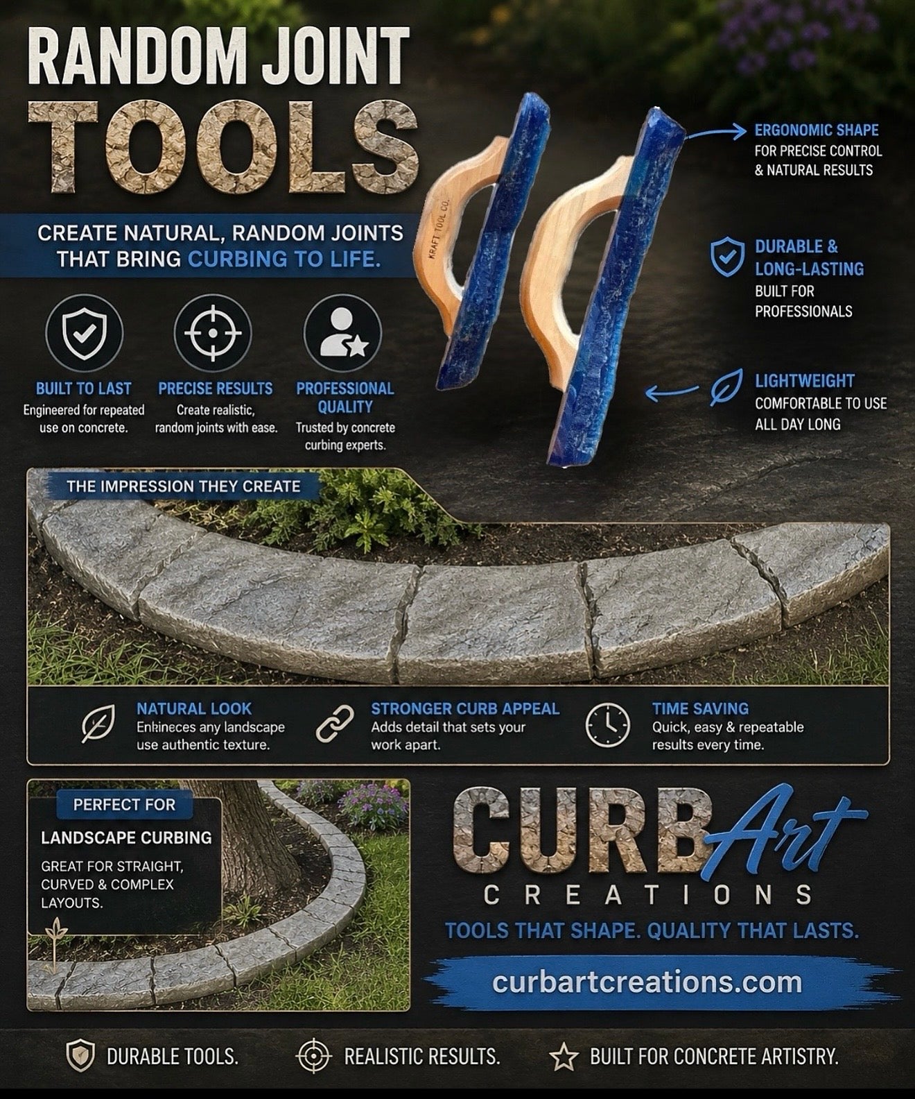 Advertisement for Random Joint Tools by Curb Art Creations with product images and text.