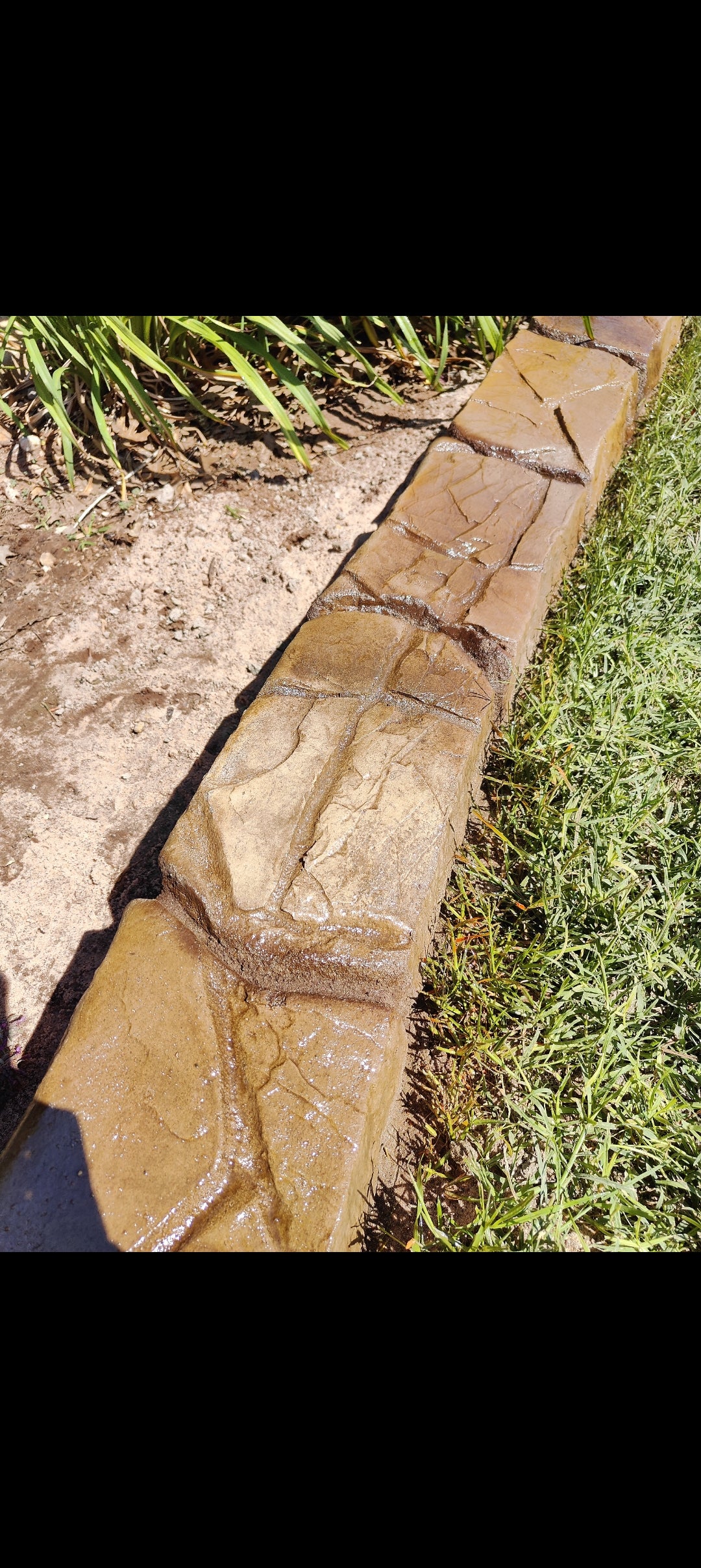 Ransom Canyon Concrete curb with brown earth tones along some green grass top view shows deep stone like textures. Curbart Creations