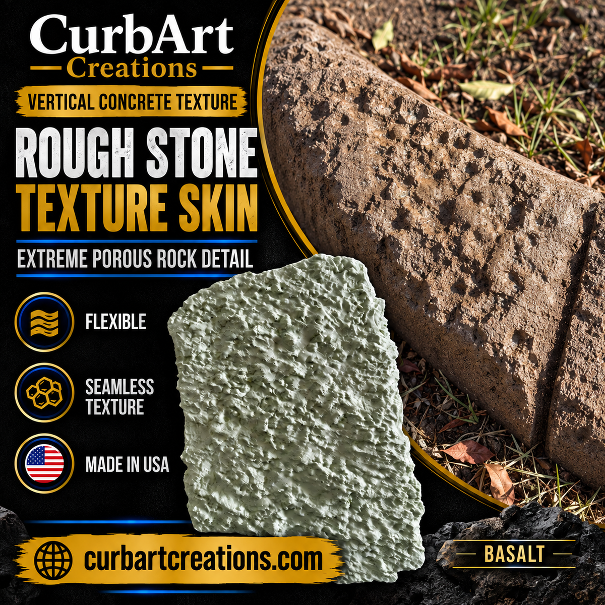 CurbArt Creations Rough Stone Texture Skin in Basalt, shown as a textured stone sample on a dark promotional background with brick and outdoor ground visible.