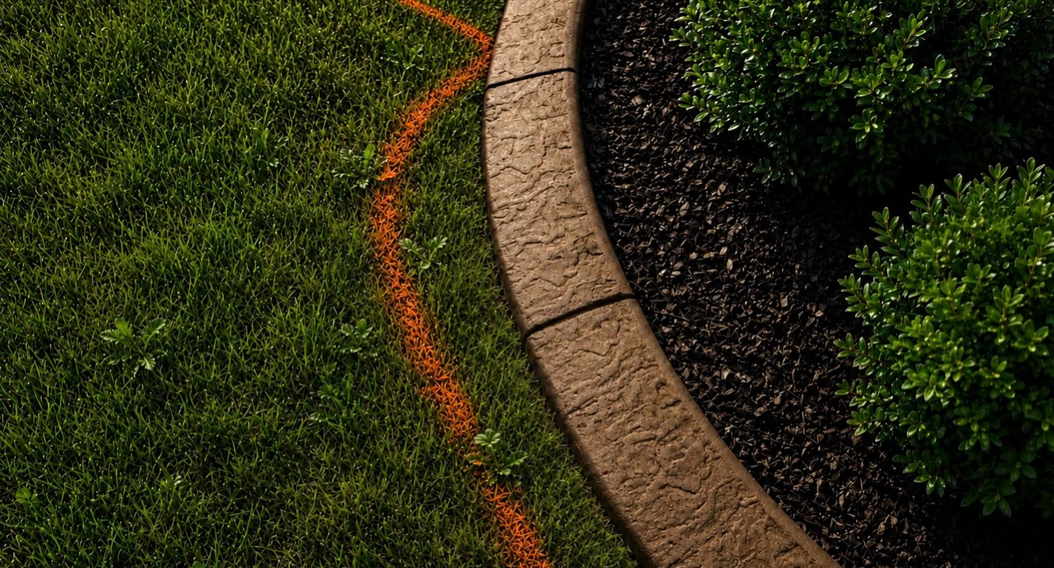 A curved concrete curb border separating a green grass lawn from a dark mulched garden bed with green shrubs. A thin orange spray-paint line traces the edge of the lawn.