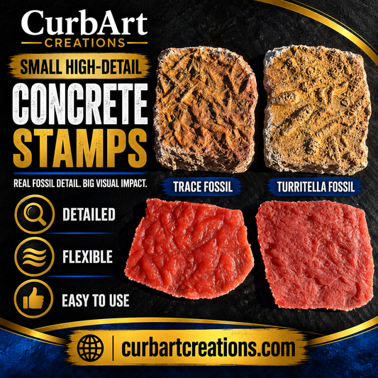 CurbArt Creations Small High-Detail Concrete Stamps set, featuring two textured brown fossil stamps (Trace Fossil and Turritella Fossil) and two red flexible stamps, displayed on a dark textured background with product details and branding.
