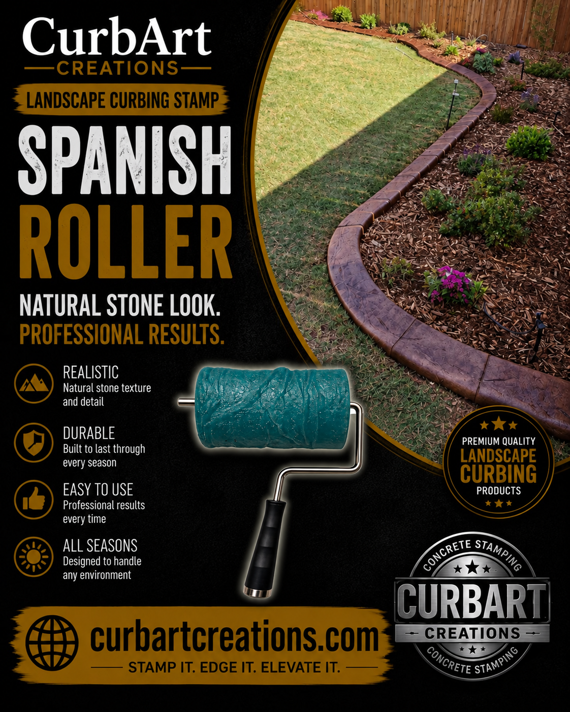 CurbArt Creations Spanish Roller landscape curbing stamp product graphic on a black background with a circular photo of a landscaped garden bed showing the tool in use. The roller is teal with a black handle and silver metal handle attachment.