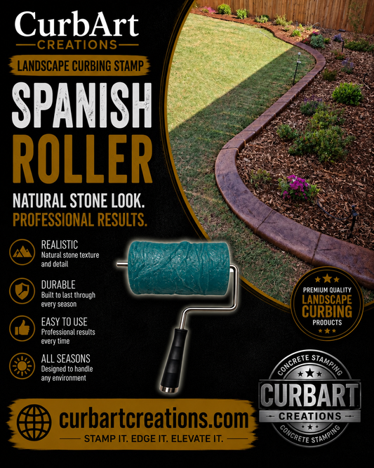 CurbArt Creations Spanish Roller landscape curbing stamp product graphic on a black background with a circular photo of a landscaped garden bed showing the tool in use. The roller is teal with a black handle and silver metal handle attachment.
