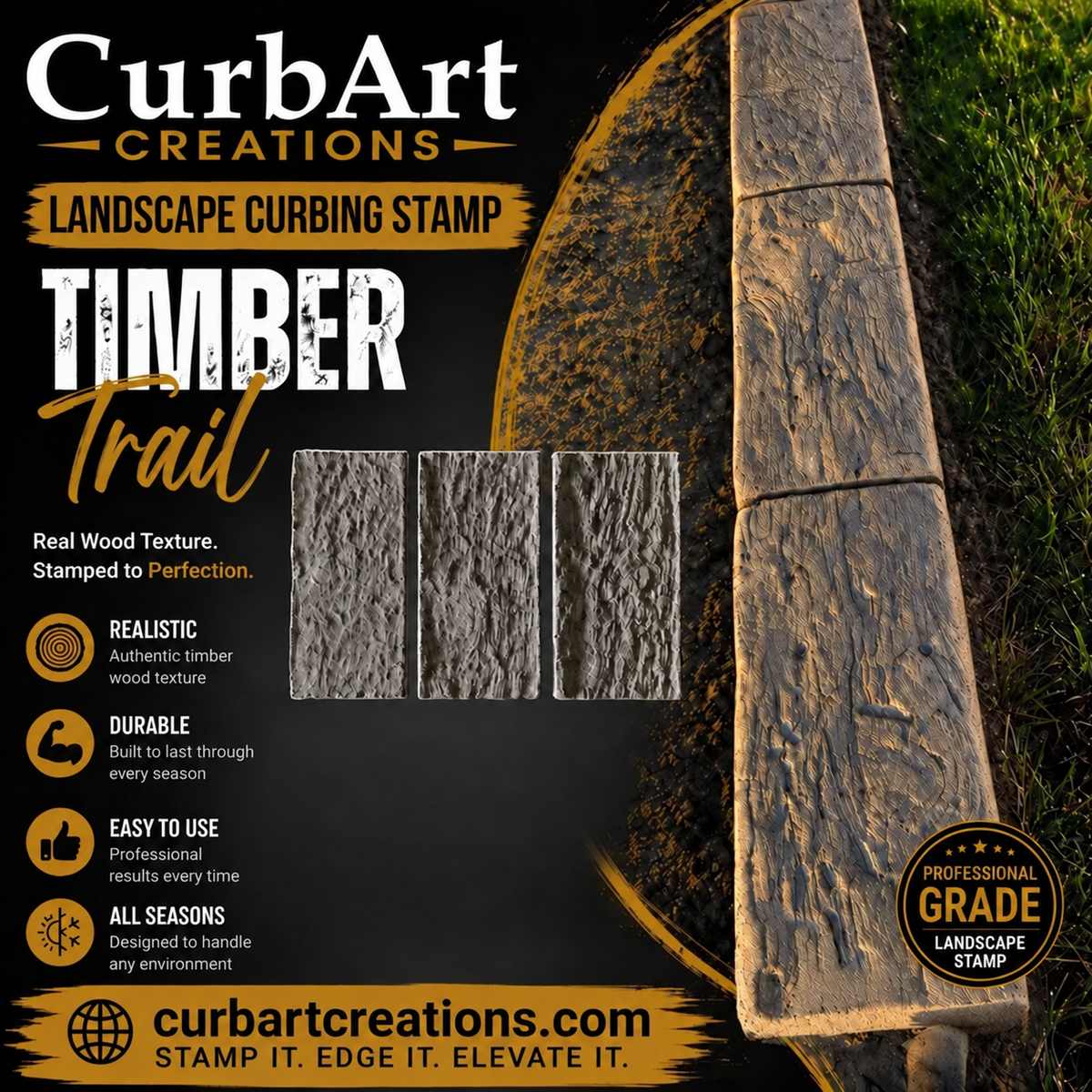 Promotional graphic for CurbArt Creations Timber Trail landscape curbing stamps, showing three rectangular stamped sample pieces on a dark background with product text, icons, and a close-up of a stamped timber texture on a curb outdoors.