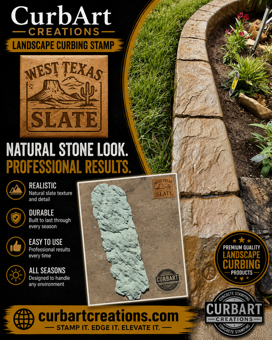 Advertisement for CurbArt Creations landscape curbing stamp with natural stone look and professional results.