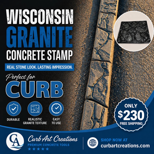 Promotional graphic for a Wisconsin Granite concrete stamp tool by CurbArt Creations, showing a close-up of a stamped stone texture sample, marketing text, feature icons, and pricing information.
