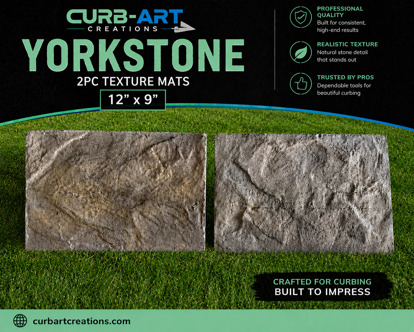Advertisement for Curb-Art Creations Yorkstone 2pc texture mats on grass background
