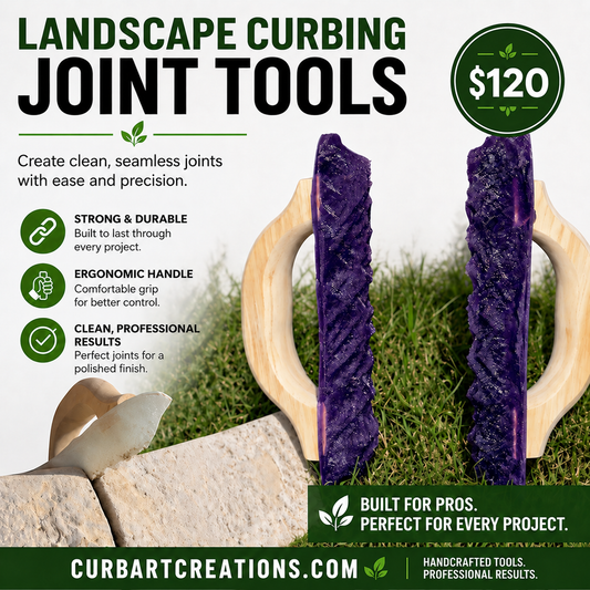 purple joint tools in grass and a landscape curbing curb with the joint tools on top.