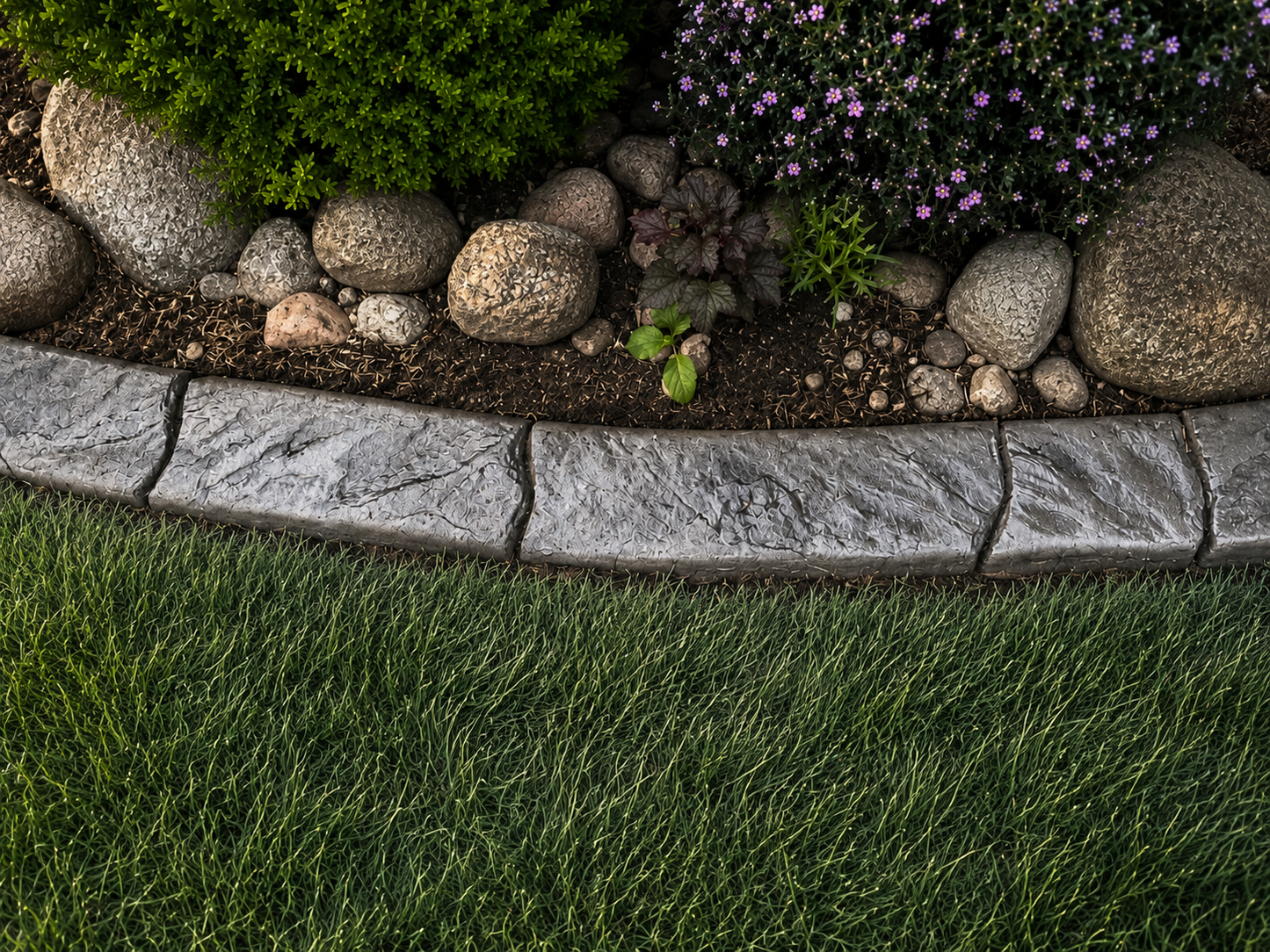 Decorative stone border with plants and grass
