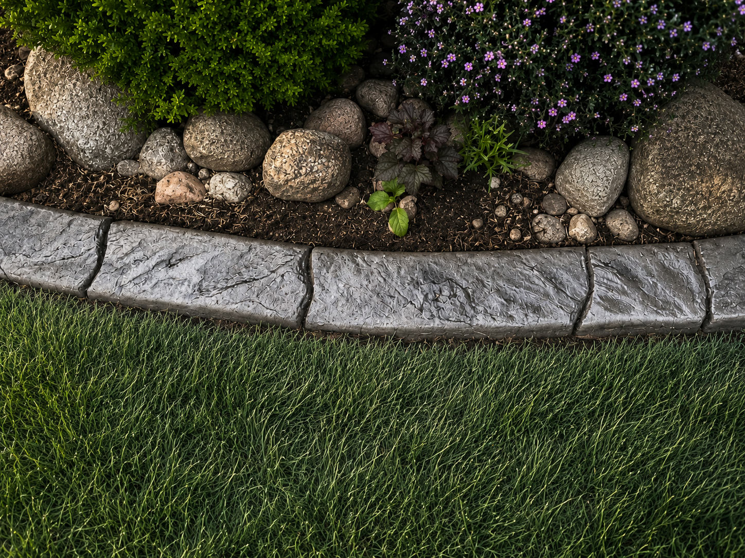 Decorative stone border with plants and grass