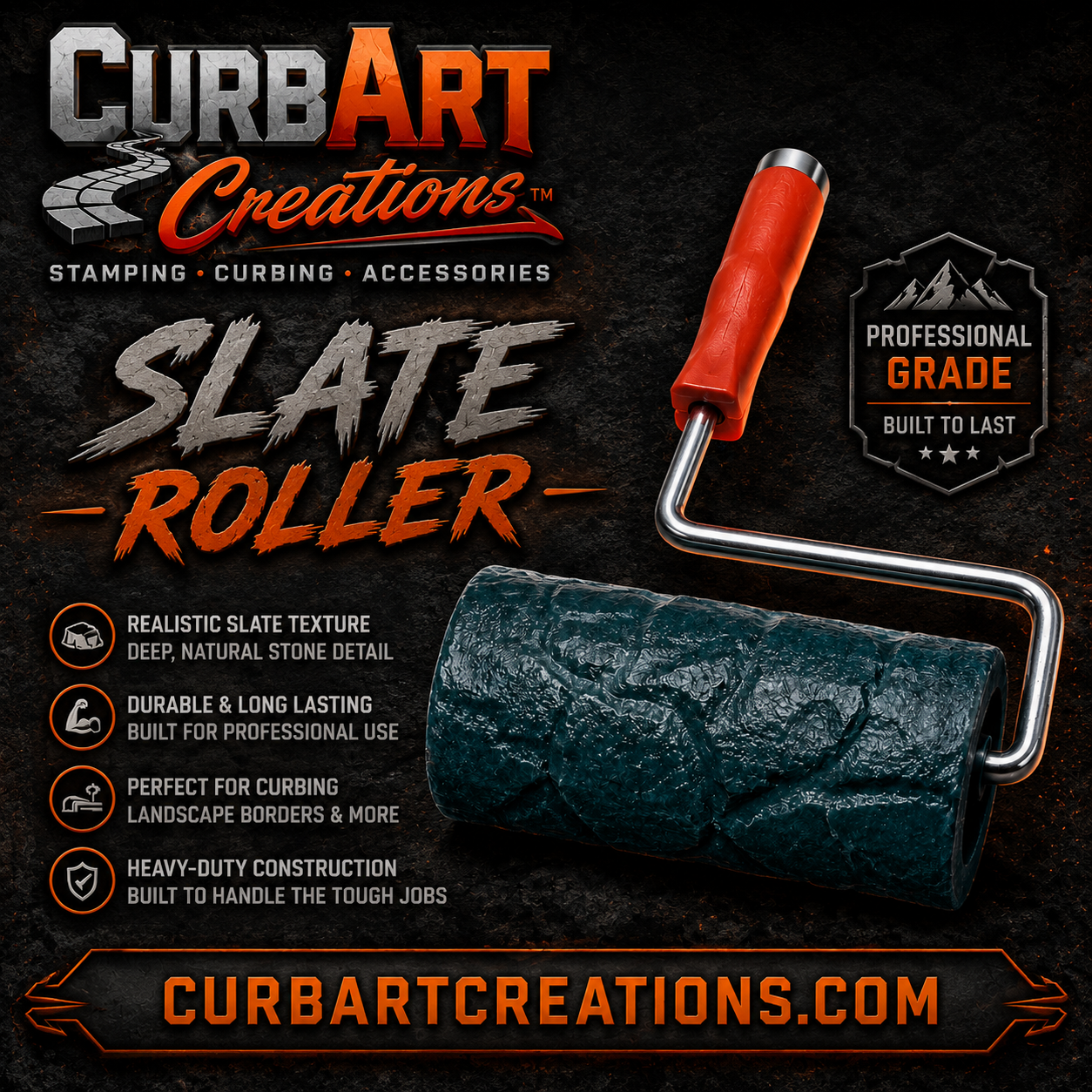 Promotional image of a slate roller with Curb Art Creations branding and product features.